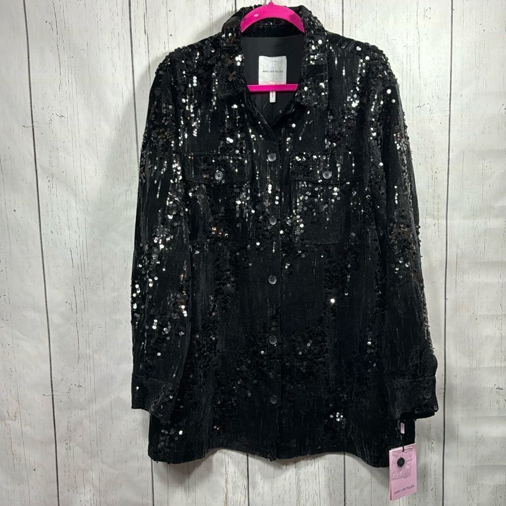 Avec Les Filles Black Sequin Button Up Jacket Shacket 3X Holiday Glam Night Out